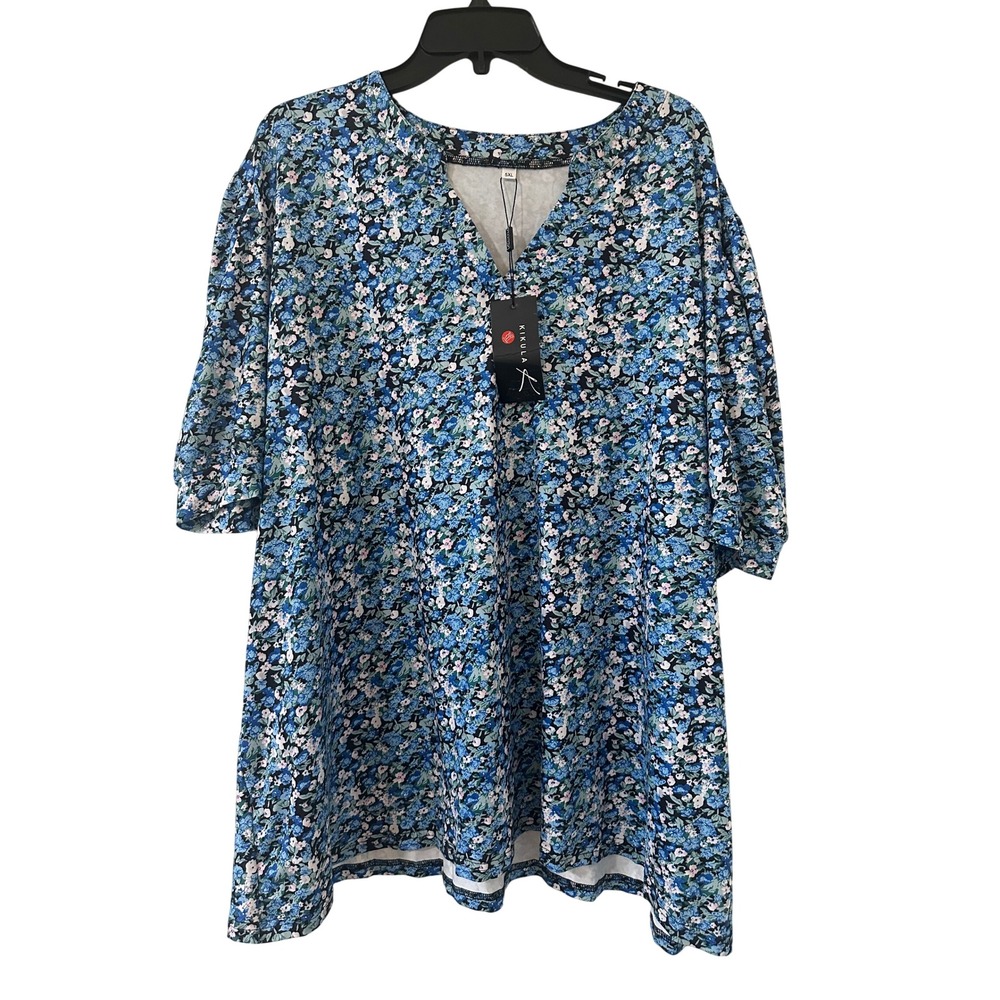 Kikula Womens 5XL Blue Floral V-Neck Short Puff Sleeve Top Cottage Everyday